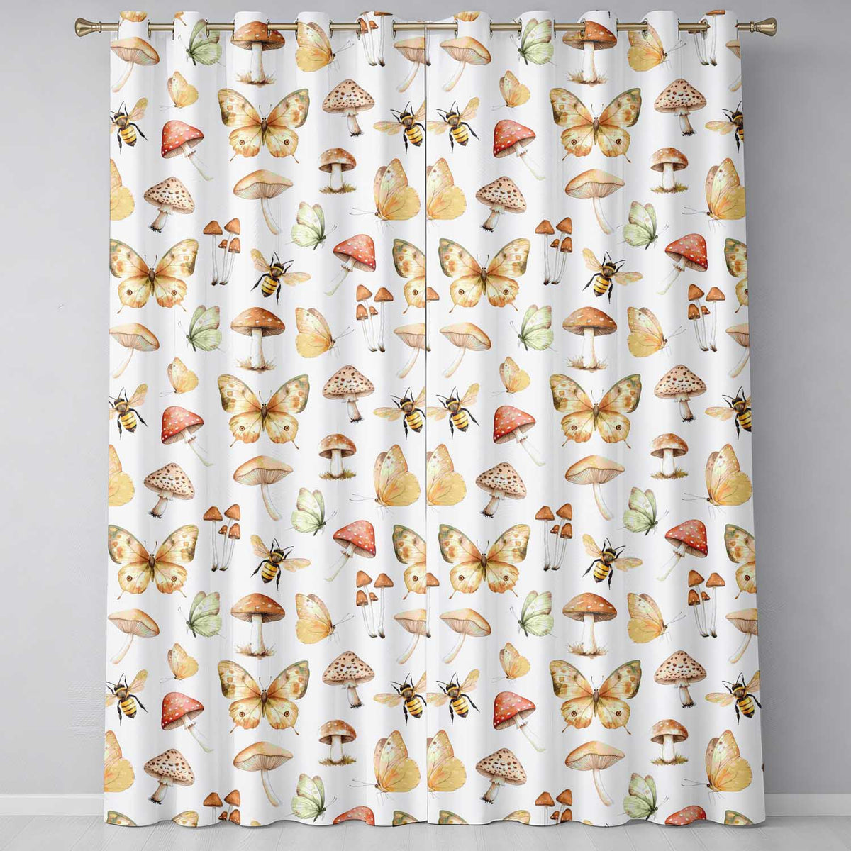 Vintage Butterfly Bees Mushrooms Illustration Light Grey Background Seamless Readymade Eyelet Ring Top Thermal 100% Blackout Curtains