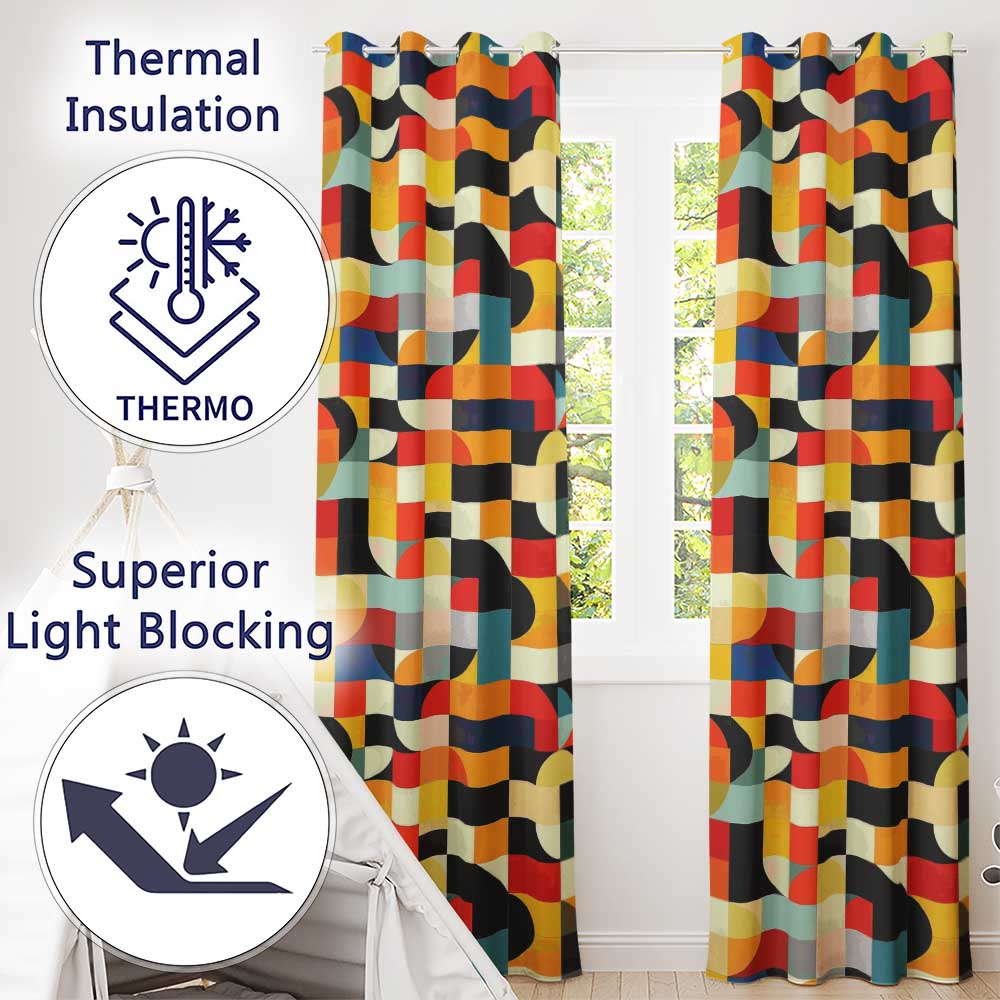 Abstract Patchwork Blocks Warm Bold Colors Seamless Pattern Readymade Eyelet Ring Top Thermal 100% Blackout Curtains