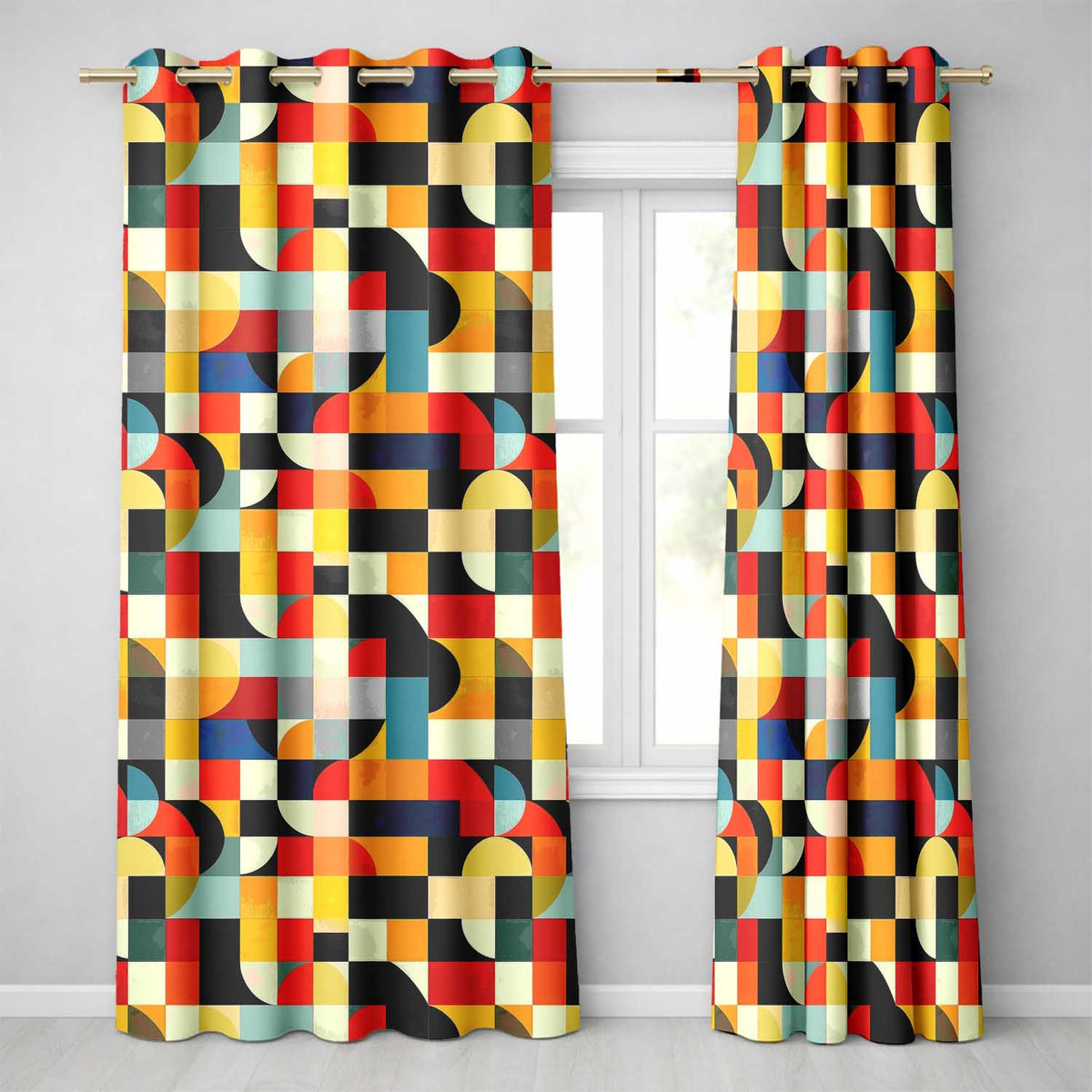 Abstract Patchwork Blocks Warm Bold Colors Seamless Pattern Readymade Eyelet Ring Top Thermal 100% Blackout Curtains