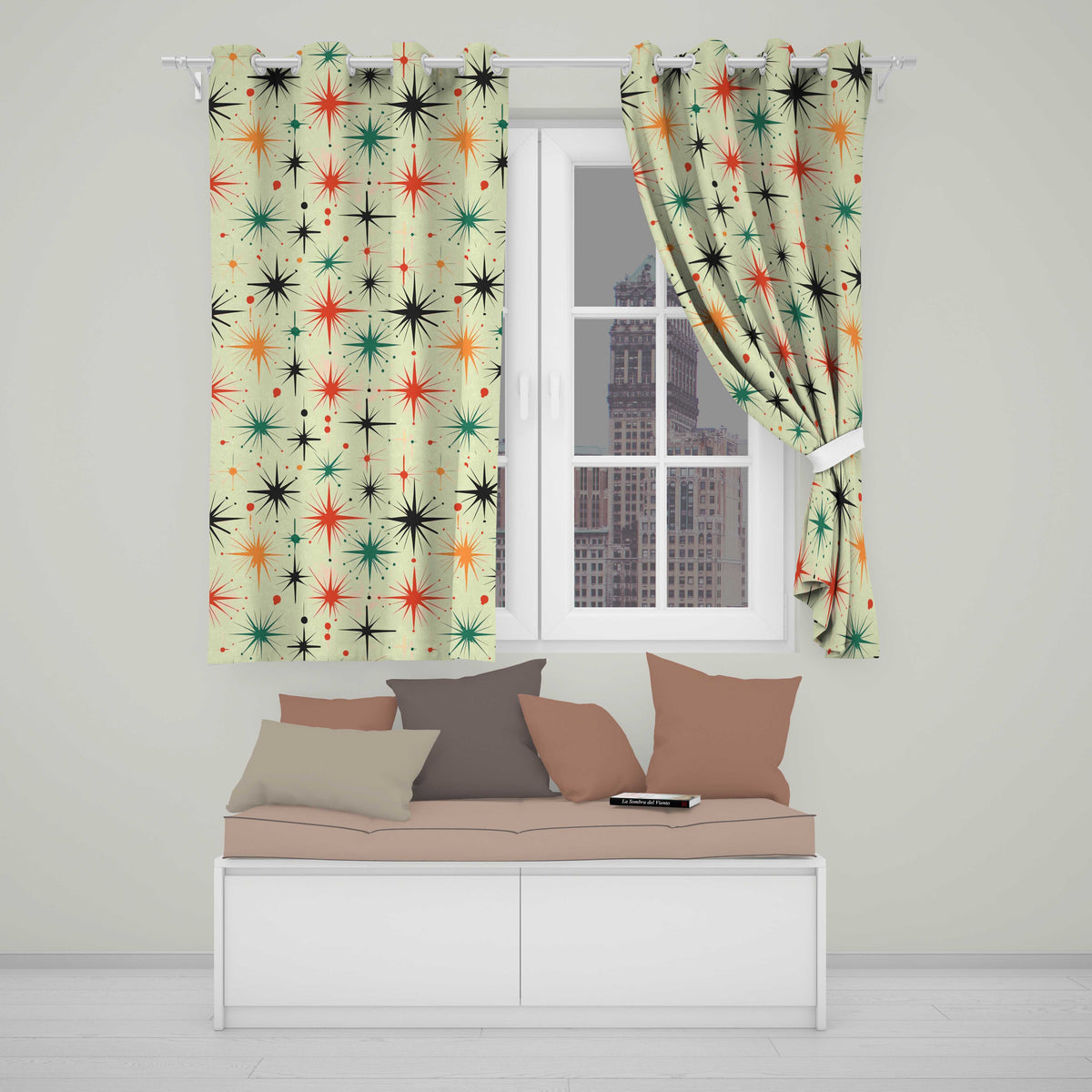 Abstract Atomic Starburst Mid Century Modern Seamless Pattern Readymade Eyelet Ring Top Thermal 100% Blackout Curtains