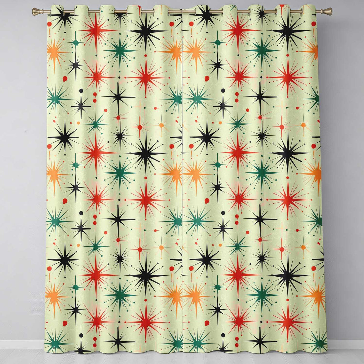Abstract Atomic Starburst Mid Century Modern Seamless Pattern Readymade Eyelet Ring Top Thermal 100% Blackout Curtains