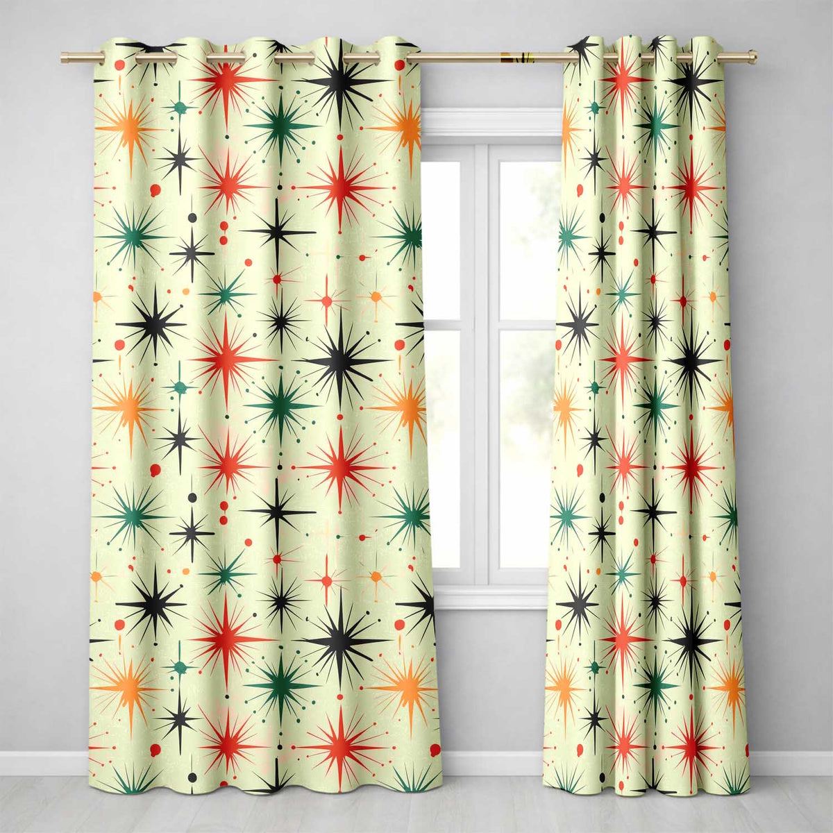Abstract Atomic Starburst Mid Century Modern Seamless Pattern Readymade Eyelet Ring Top Thermal 100% Blackout Curtains