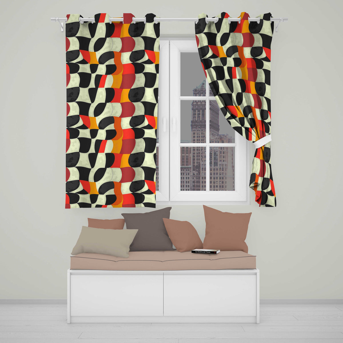 Abstract Wavy Checkerboard Pattern Bold Colors Seamless Pattern Readymade Eyelet Ring Top Thermal 100% Blackout Curtains