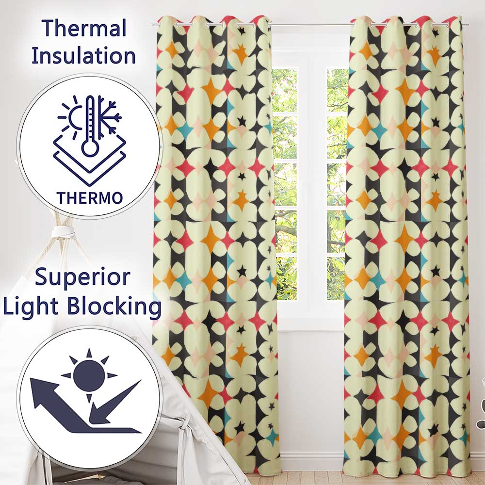 Abstract Floral Star Shapes Mid Century Seamless Pattern Readymade Eyelet Ring Top Thermal 100% Blackout Curtains