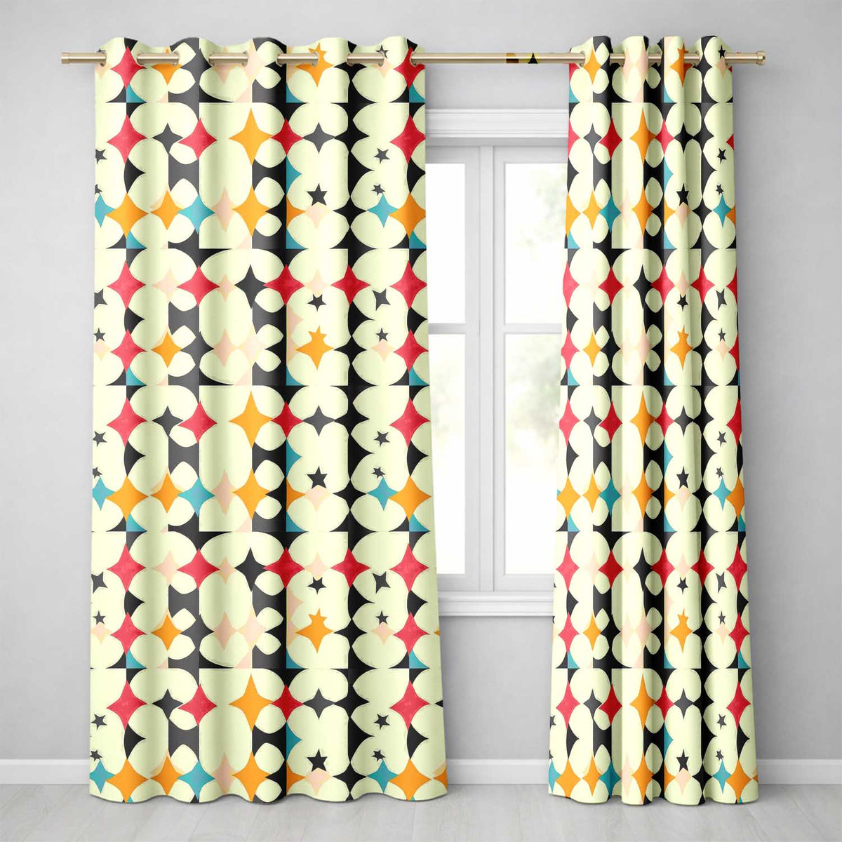 Abstract Floral Star Shapes Mid Century Seamless Pattern Readymade Eyelet Ring Top Thermal 100% Blackout Curtains