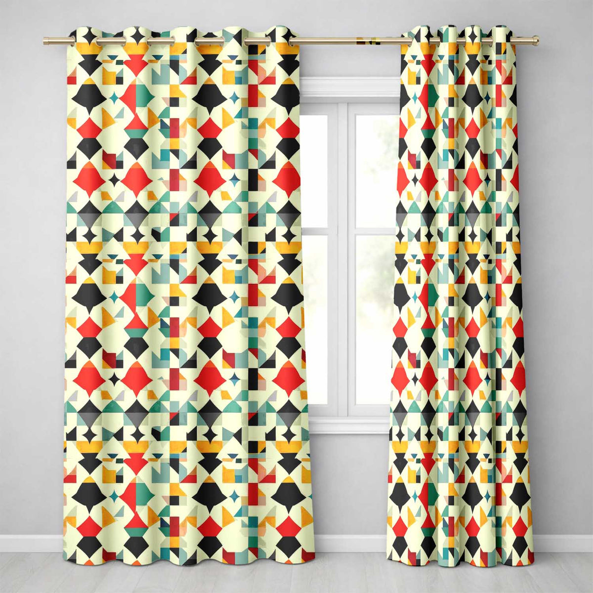 Abstract Geometric Mosaic Shapes Colorful Seamless Pattern Readymade Eyelet Ring Top Thermal 100% Blackout Curtains