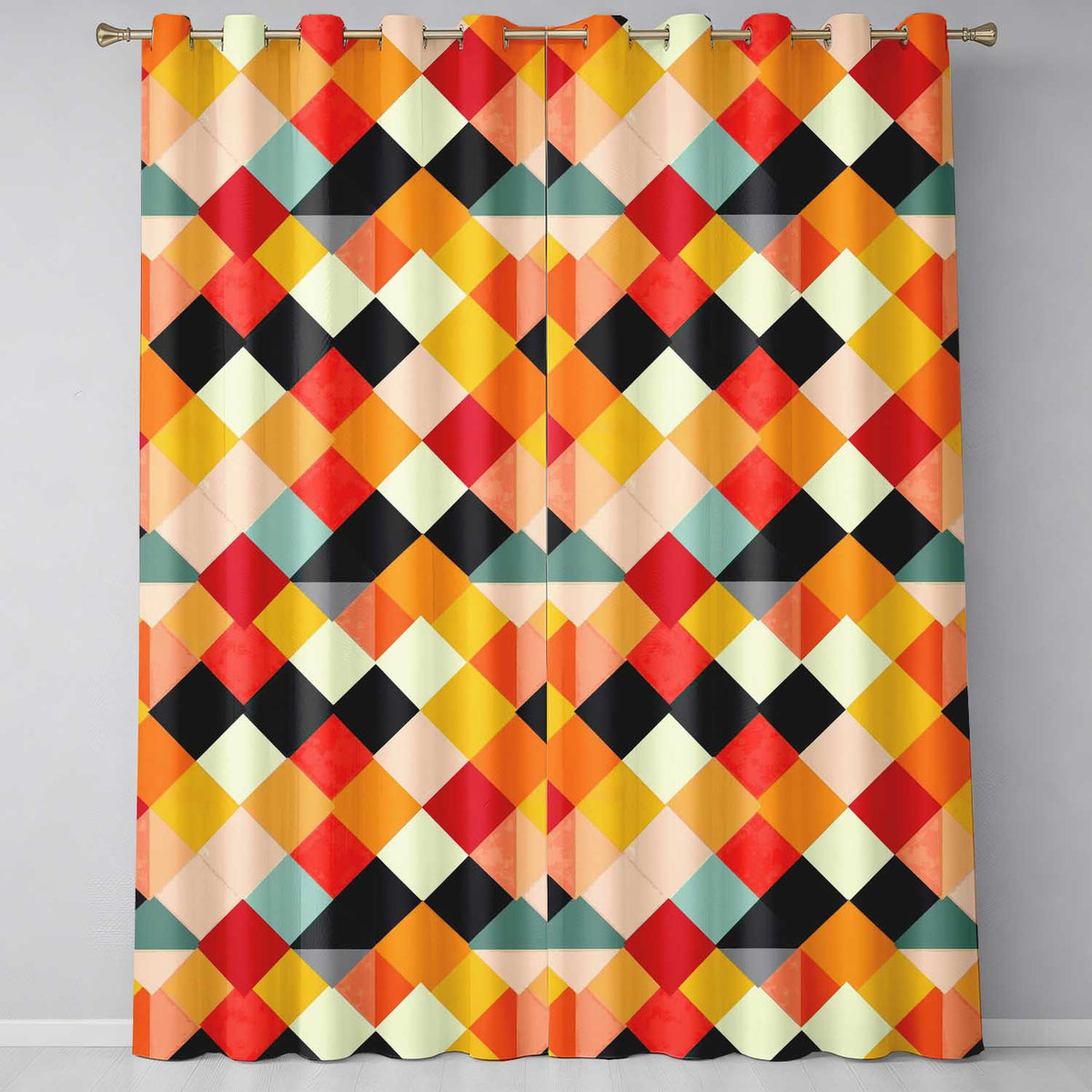 Abstract Soft Diamond Patchwork Geometric Seamless Pattern Readymade Eyelet Ring Top Thermal 100% Blackout Curtains