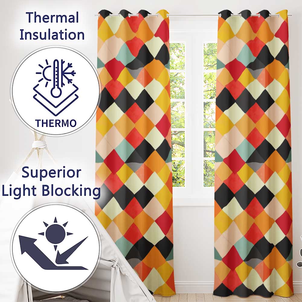 Abstract Soft Diamond Patchwork Geometric Seamless Pattern Readymade Eyelet Ring Top Thermal 100% Blackout Curtains
