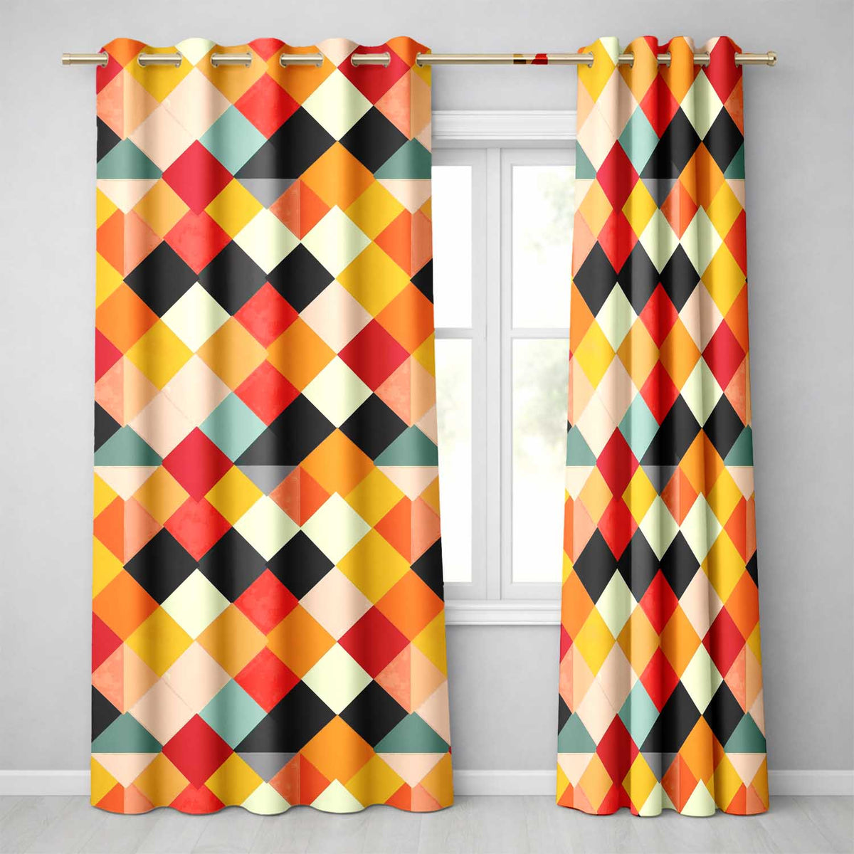 Abstract Soft Diamond Patchwork Geometric Seamless Pattern Readymade Eyelet Ring Top Thermal 100% Blackout Curtains