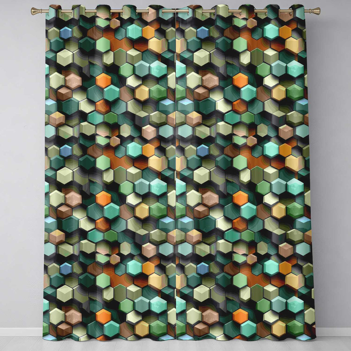 Abstract 3D Hexagon Mosaic Modern Geometric Seamless Pattern Readymade Eyelet Ring Top Thermal 100% Blackout Curtains