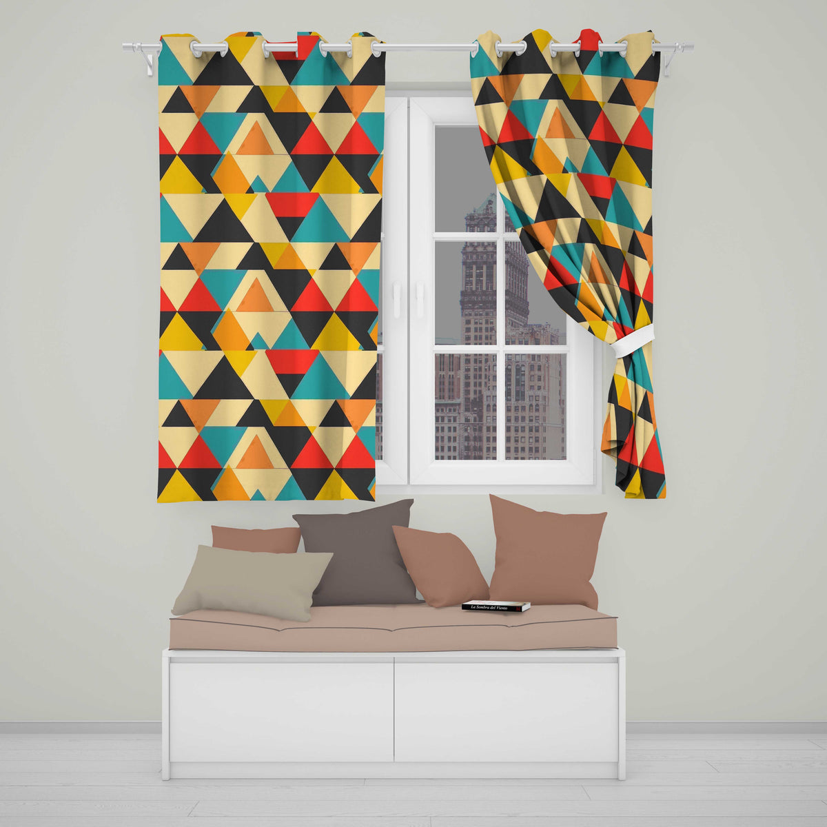 Abstract Geometric Triangle Patchwork Seamless Pattern Readymade Eyelet Ring Top Thermal 100% Blackout Curtains