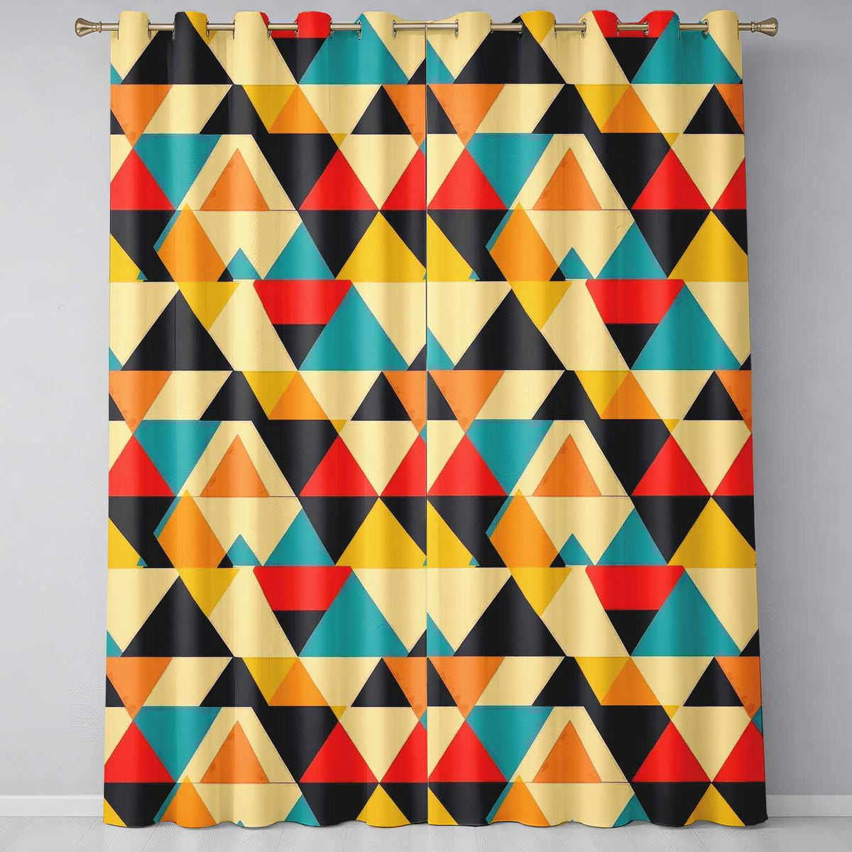 Abstract Geometric Triangle Patchwork Seamless Pattern Readymade Eyelet Ring Top Thermal 100% Blackout Curtains