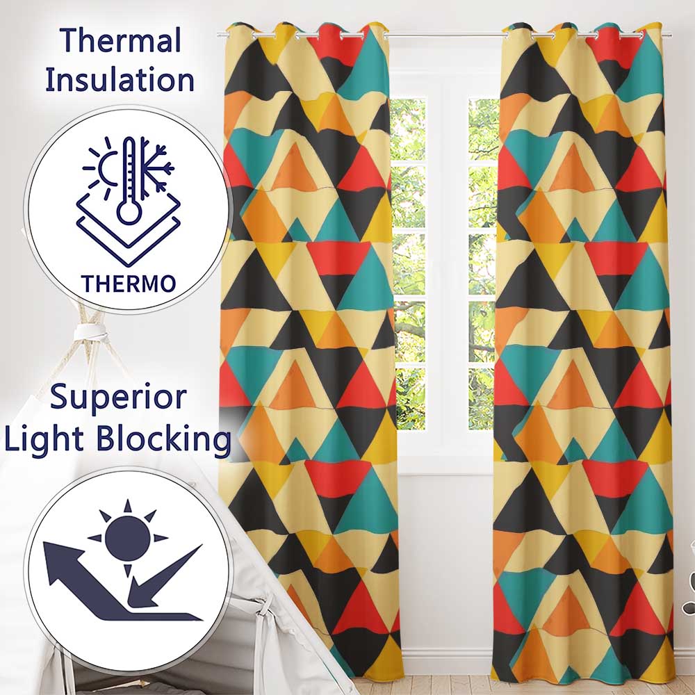 Abstract Geometric Triangle Patchwork Seamless Pattern Readymade Eyelet Ring Top Thermal 100% Blackout Curtains