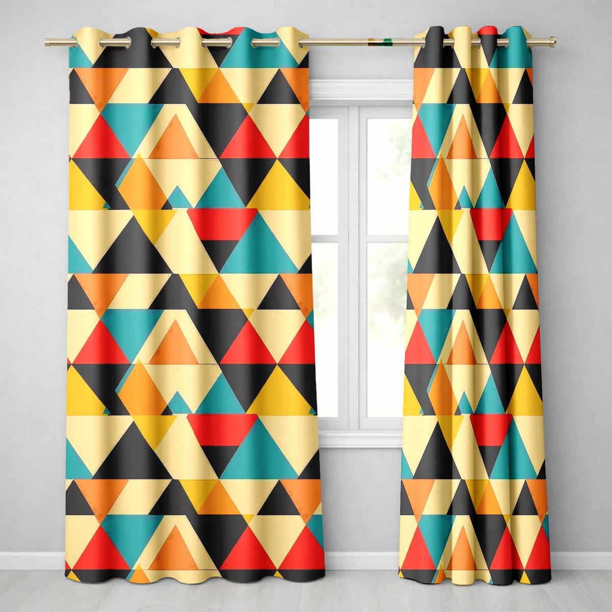 Abstract Geometric Triangle Patchwork Seamless Pattern Readymade Eyelet Ring Top Thermal 100% Blackout Curtains