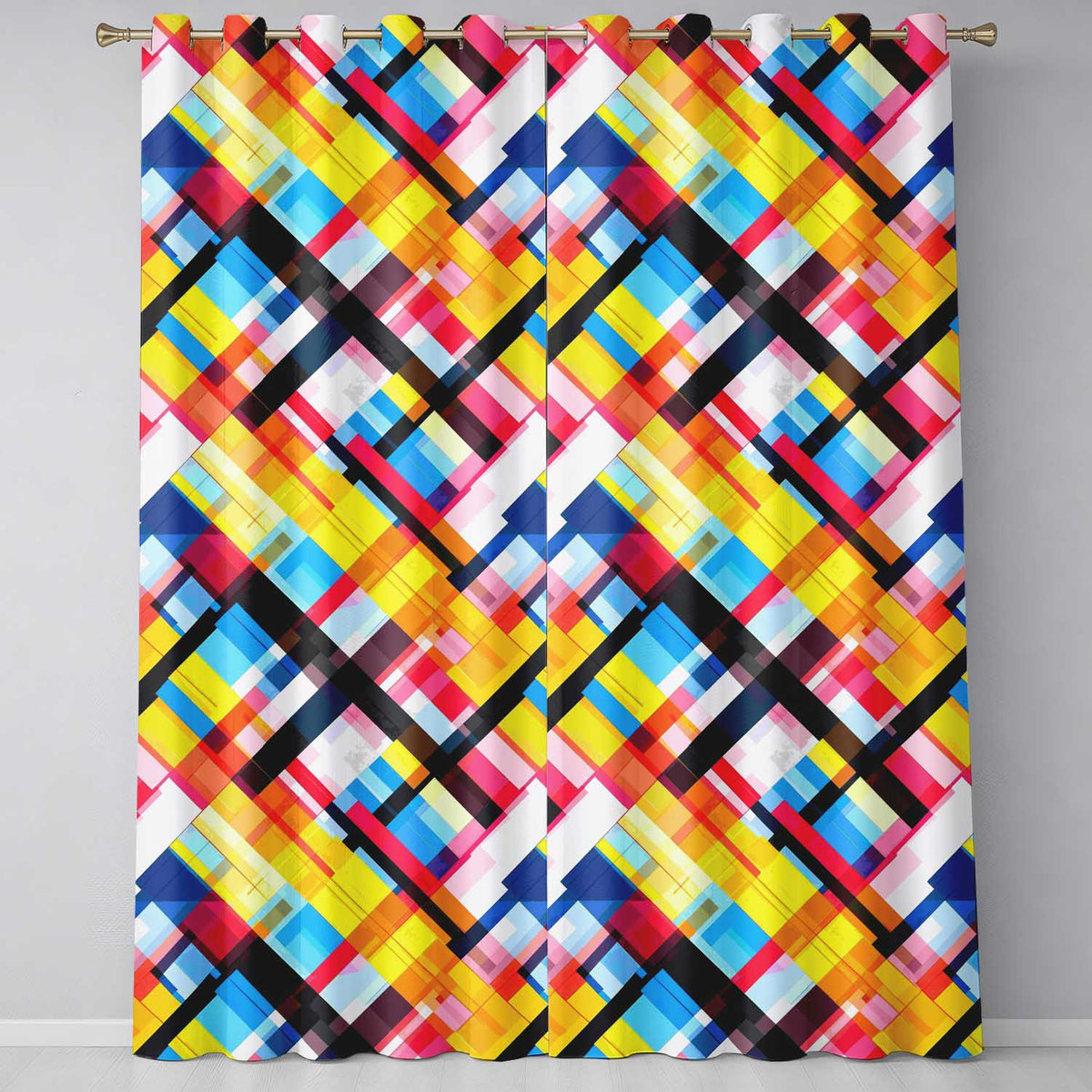 Abstract Colorful Geometric Plaid Overlay Seamless Pattern Readymade Eyelet Ring Top Thermal 100% Blackout Curtains