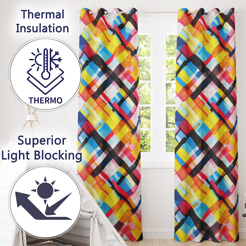 Abstract Colorful Geometric Plaid Overlay Seamless Pattern Readymade Eyelet Ring Top Thermal 100% Blackout Curtains