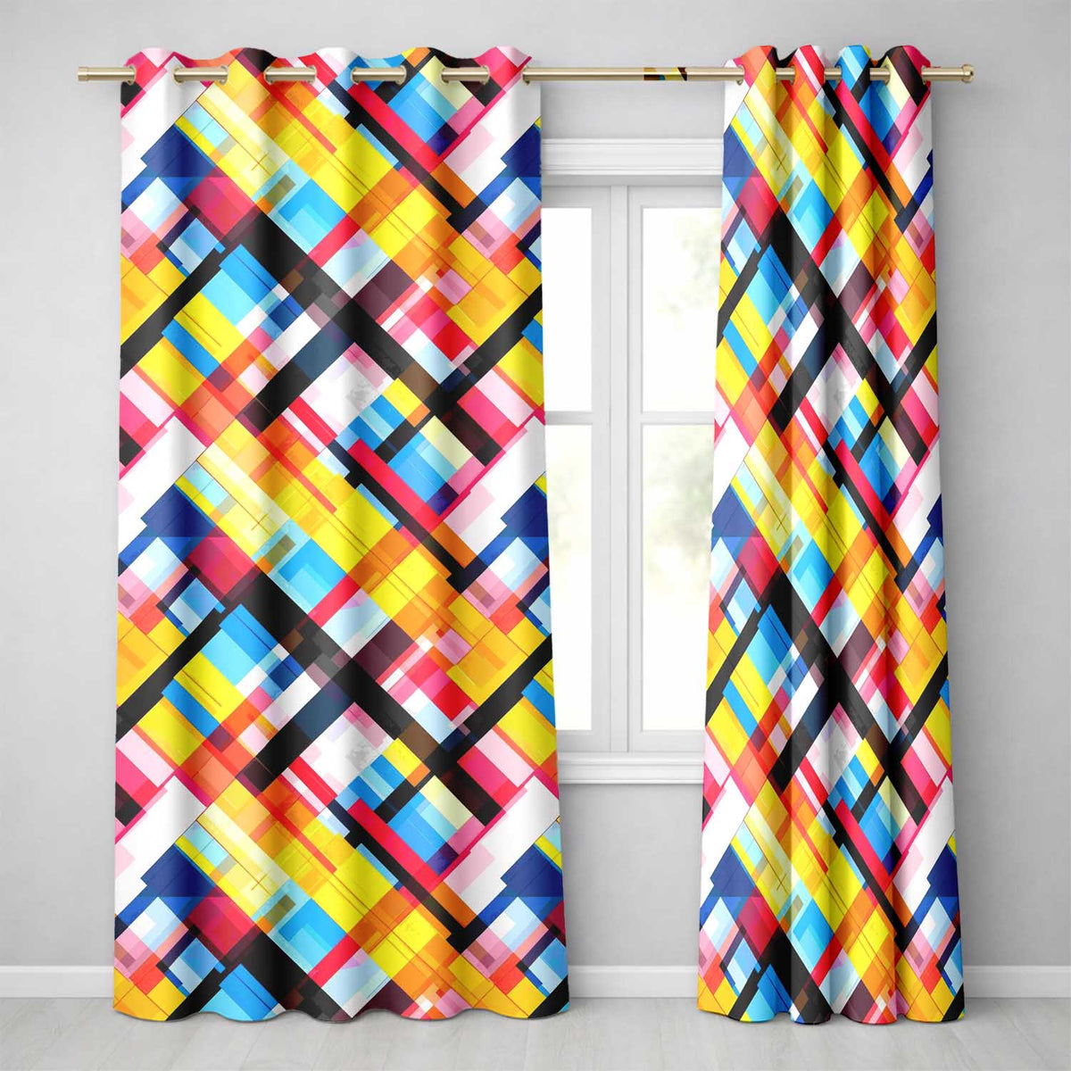 Abstract Colorful Geometric Plaid Overlay Seamless Pattern Readymade Eyelet Ring Top Thermal 100% Blackout Curtains