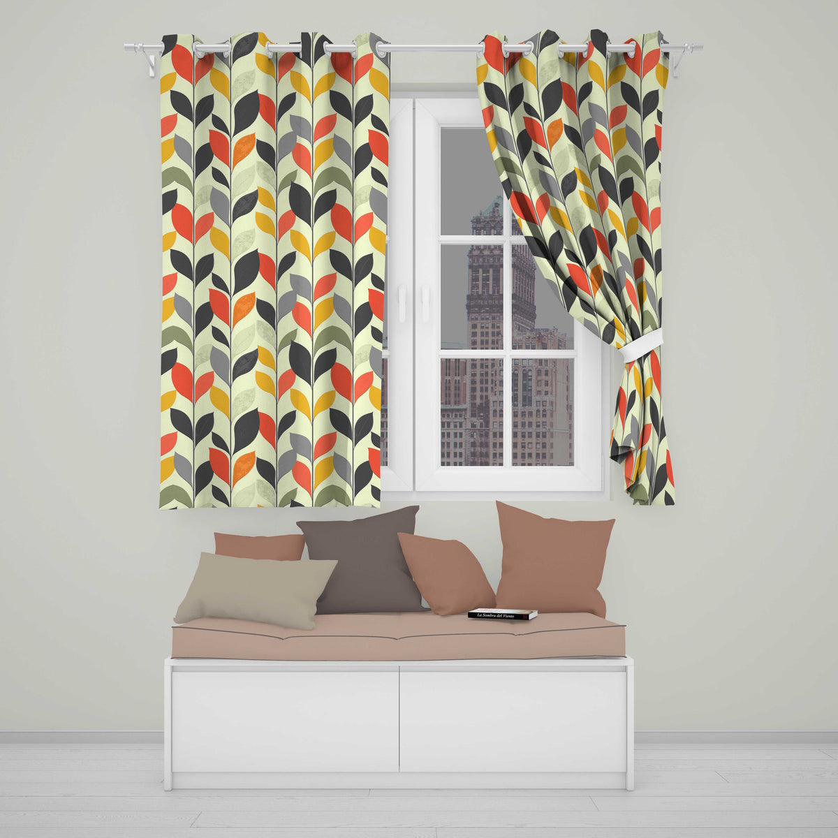 Abstract Modern Leaf Branch Pattern Soft Neutral Background Seamless Pattern Readymade Eyelet Ring Top Thermal 100% Blackout Curtains