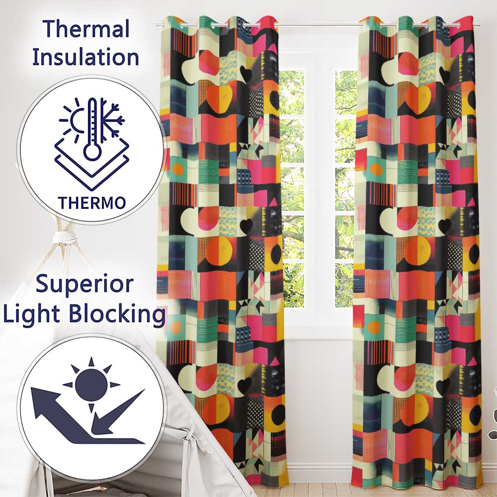 Abstract Patchwork Geometric Textured Blocks Seamless Pattern Readymade Eyelet Ring Top Thermal 100% Blackout Curtains