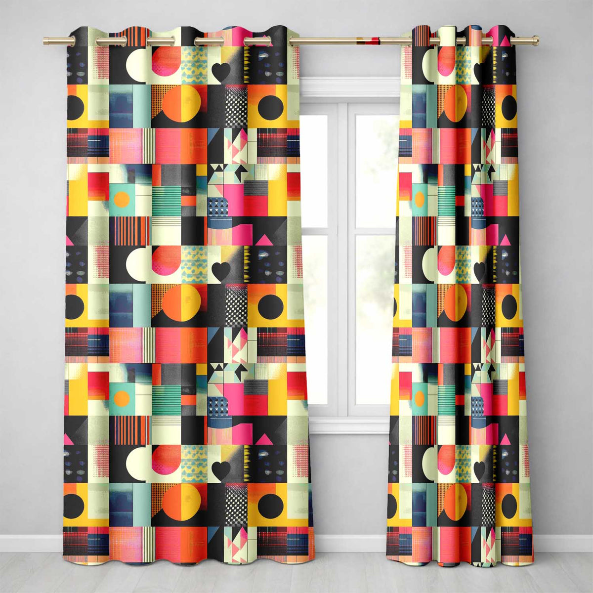 Abstract Patchwork Geometric Textured Blocks Seamless Pattern Readymade Eyelet Ring Top Thermal 100% Blackout Curtains
