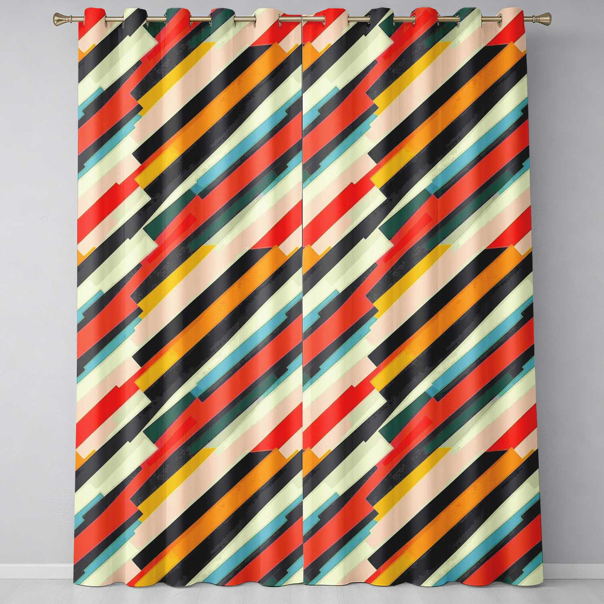 Abstract Angled Color Block Stripes Contemporary Seamless Pattern Readymade Eyelet Ring Top Thermal 100% Blackout Curtains