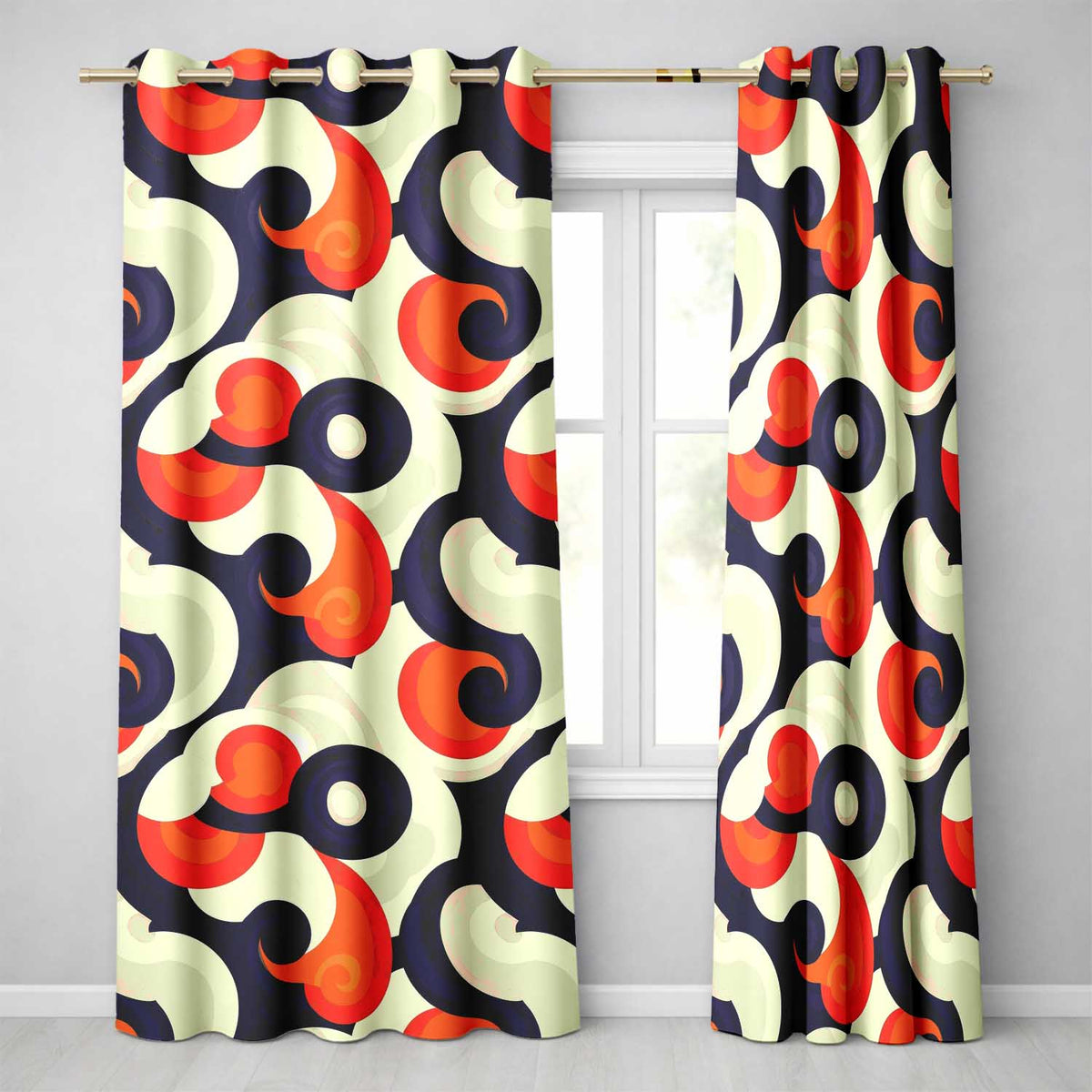 Abstract Swirl Shapes Bold Contrast Seamless Pattern Readymade Eyelet Ring Top Thermal 100% Blackout Curtains