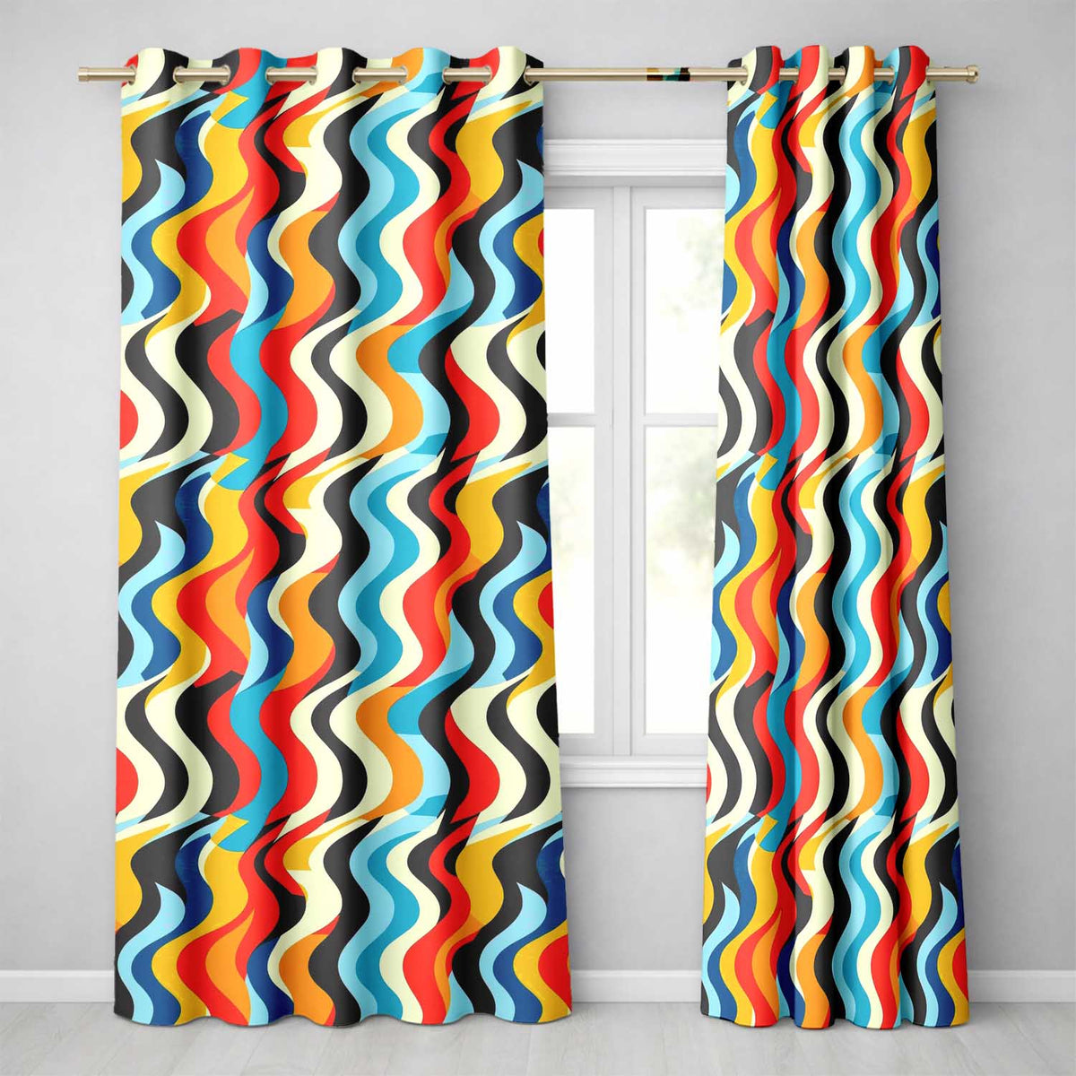 Abstract Curved Ribbon Stripes Bold Seamless Pattern Readymade Eyelet Ring Top Thermal 100% Blackout Curtains