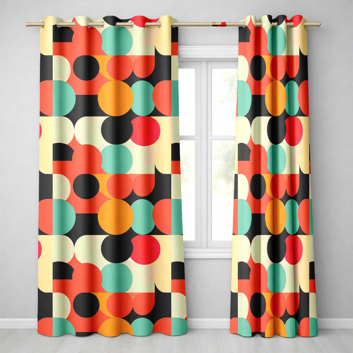 Abstract Bold Color Circle Pop Art Geometric Shapes Seamless Pattern Readymade Eyelet Ring Top Thermal 100% Blackout Curtains