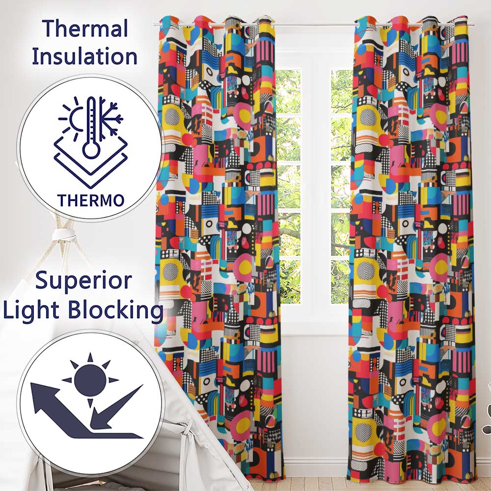 Abstract Vibrant Collage Geometric Pop Art Style Seamless Pattern Readymade Eyelet Ring Top Thermal 100% Blackout Curtains