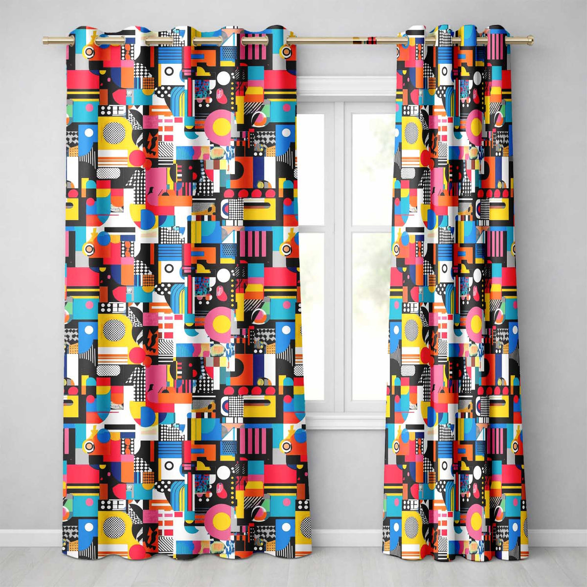Abstract Vibrant Collage Geometric Pop Art Style Seamless Pattern Readymade Eyelet Ring Top Thermal 100% Blackout Curtains