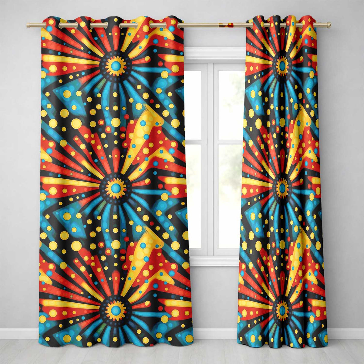 Abstract Psychedelic Radial Burst Bright Color Dots Seamless Pattern Readymade Eyelet Ring Top Thermal 100% Blackout Curtains