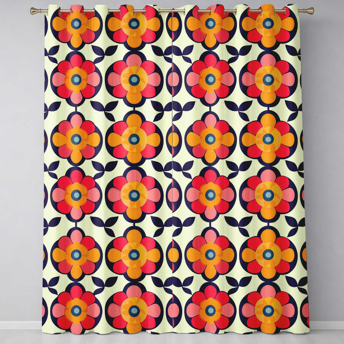 Floral Circle Motif Bold Graphic Flowers Seamless Pattern Readymade Eyelet Ring Top Thermal 100% Blackout Curtains