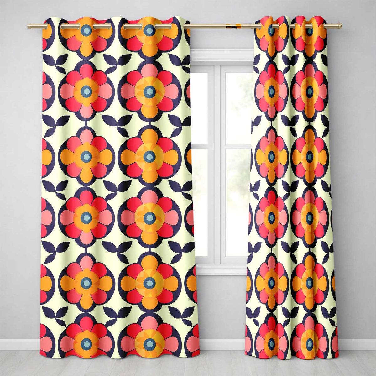 Floral Circle Motif Bold Graphic Flowers Seamless Pattern Readymade Eyelet Ring Top Thermal 100% Blackout Curtains