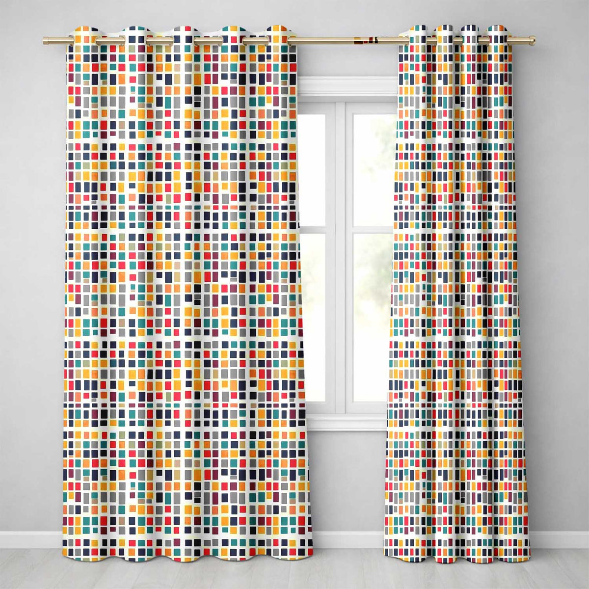 Colorful Mosaic Squares Irregular Grid Modern Seamless Pattern Readymade Eyelet Ring Top Thermal 100% Blackout Curtains