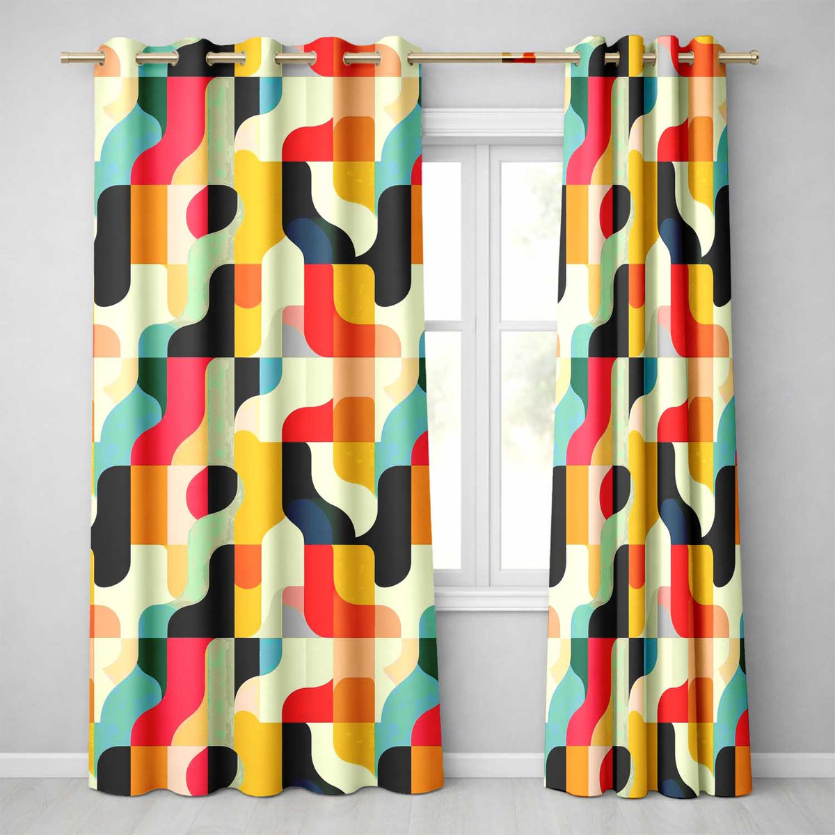 Geometric Color Block Rounded Shapes Modern Seamless Pattern Readymade Eyelet Ring Top Thermal 100% Blackout Curtains