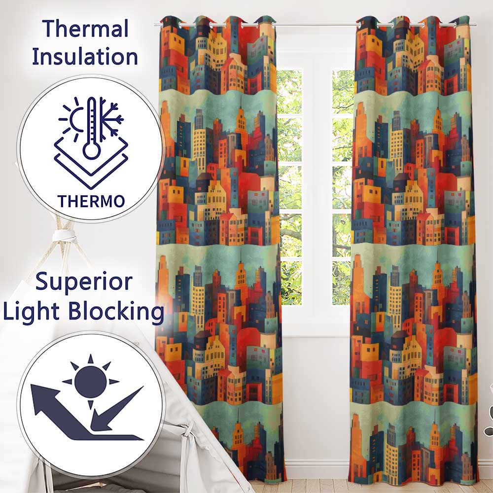 Colorful Stylized Urban City Buildings Illustration Seamless Pattern Readymade Eyelet Ring Top Thermal 100% Blackout Curtains