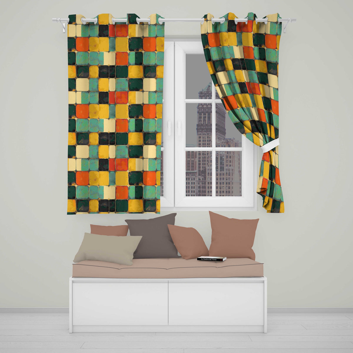 Rounded Square Color Grid Pattern Texture Seamless Pattern Readymade Eyelet Ring Top Thermal 100% Blackout Curtains