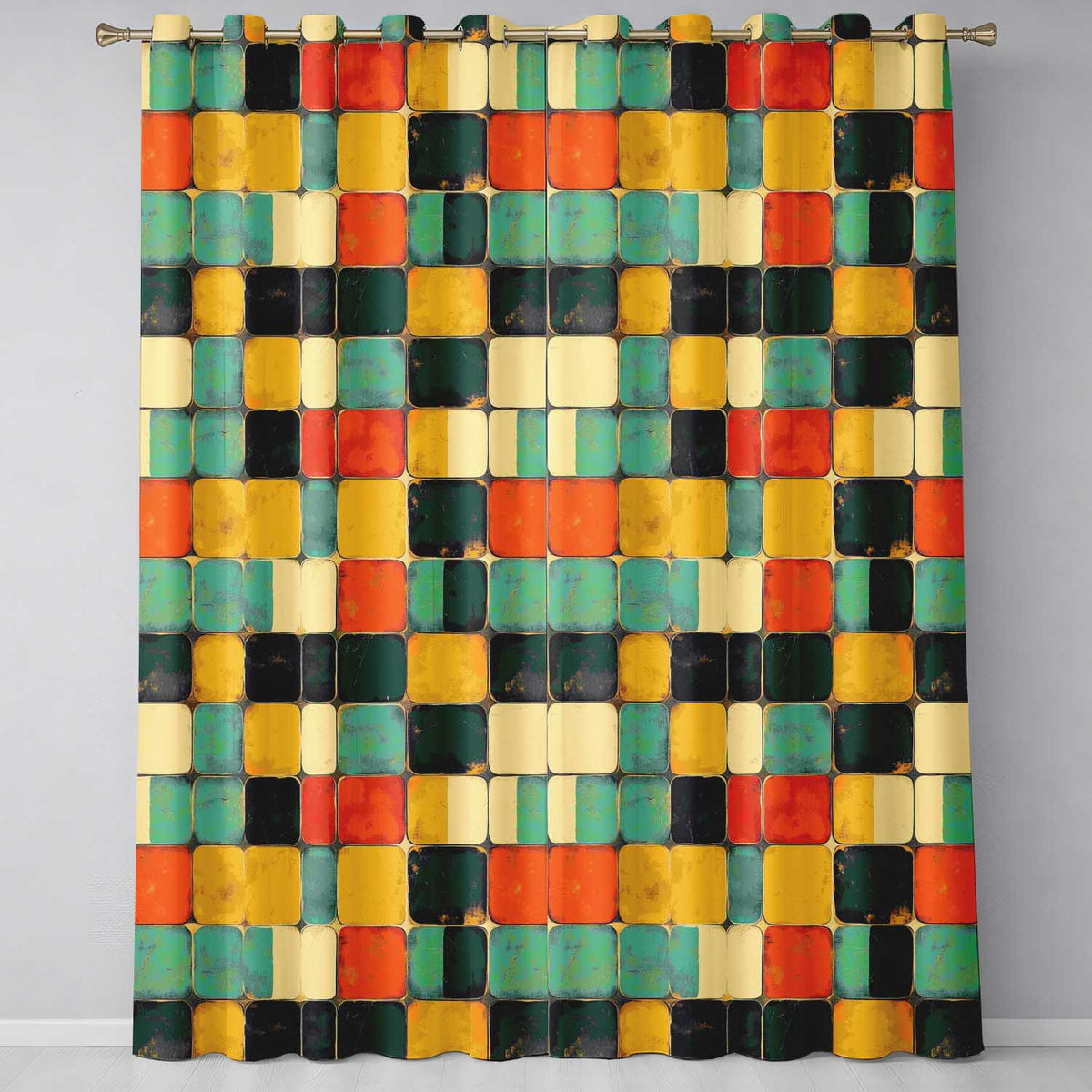 Rounded Square Color Grid Pattern Texture Seamless Pattern Readymade Eyelet Ring Top Thermal 100% Blackout Curtains