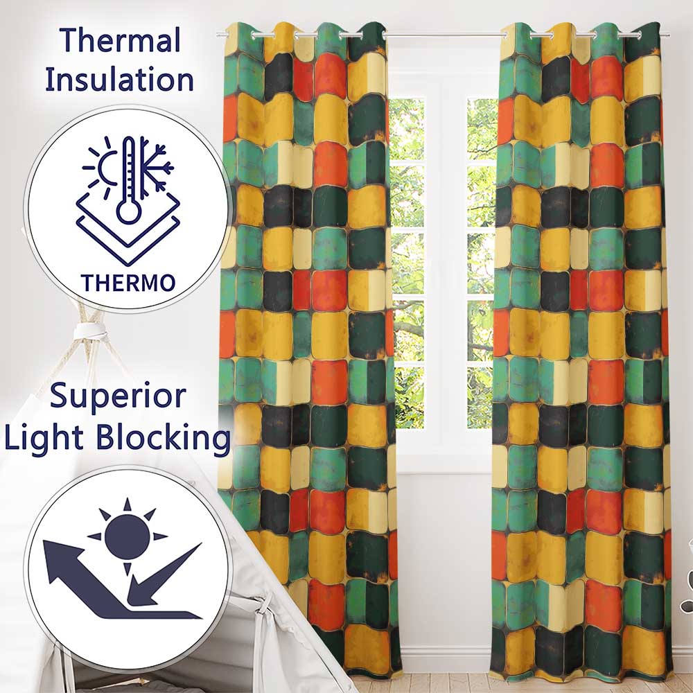 Rounded Square Color Grid Pattern Texture Seamless Pattern Readymade Eyelet Ring Top Thermal 100% Blackout Curtains