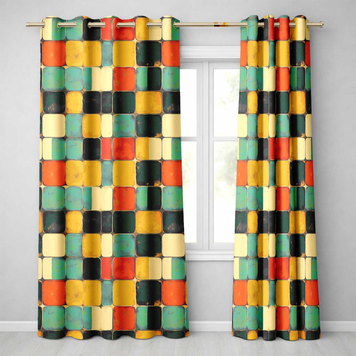 Rounded Square Color Grid Pattern Texture Seamless Pattern Readymade Eyelet Ring Top Thermal 100% Blackout Curtains