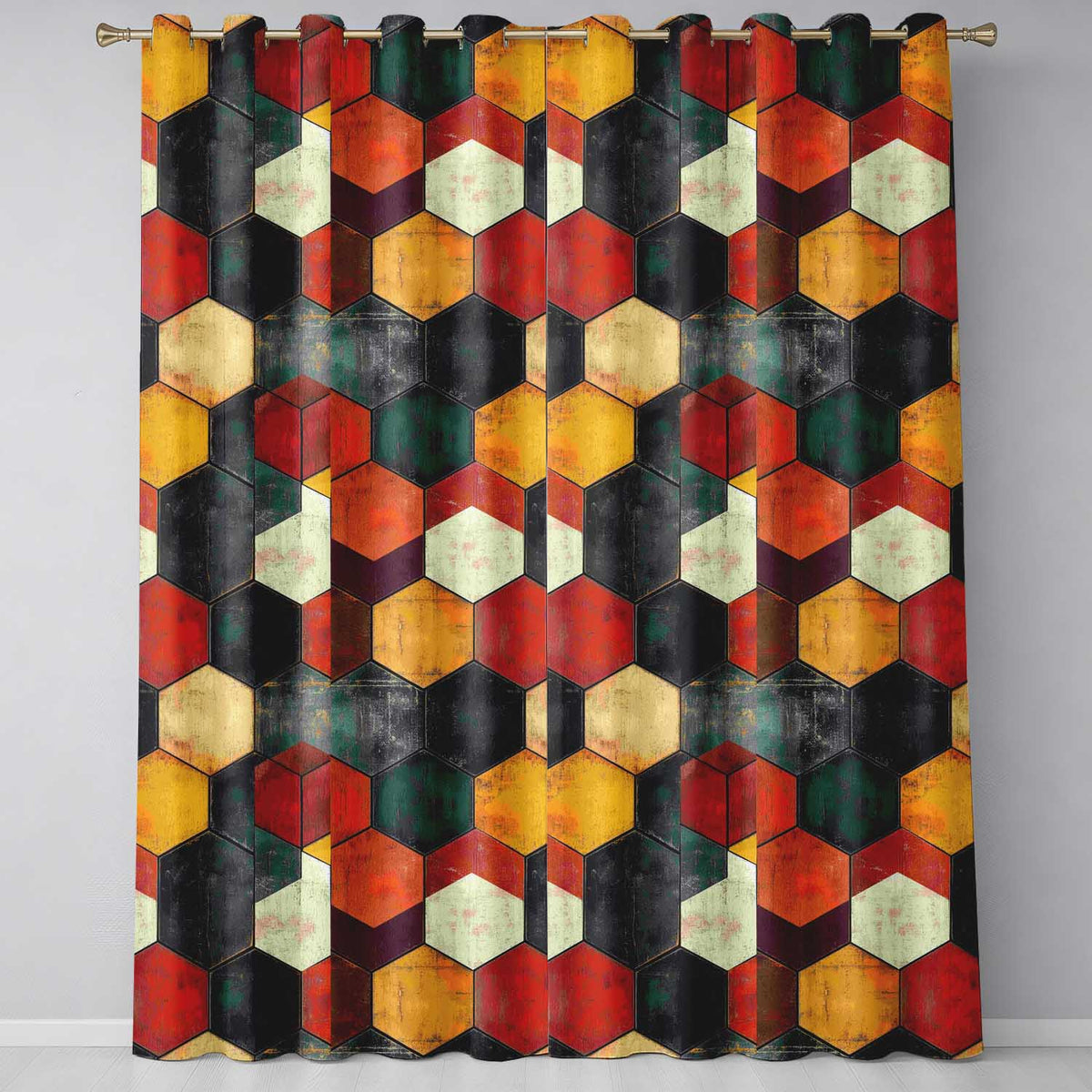Rustic Hexagon Geometric Texture Pattern Seamless Pattern Readymade Eyelet Ring Top Thermal 100% Blackout Curtains