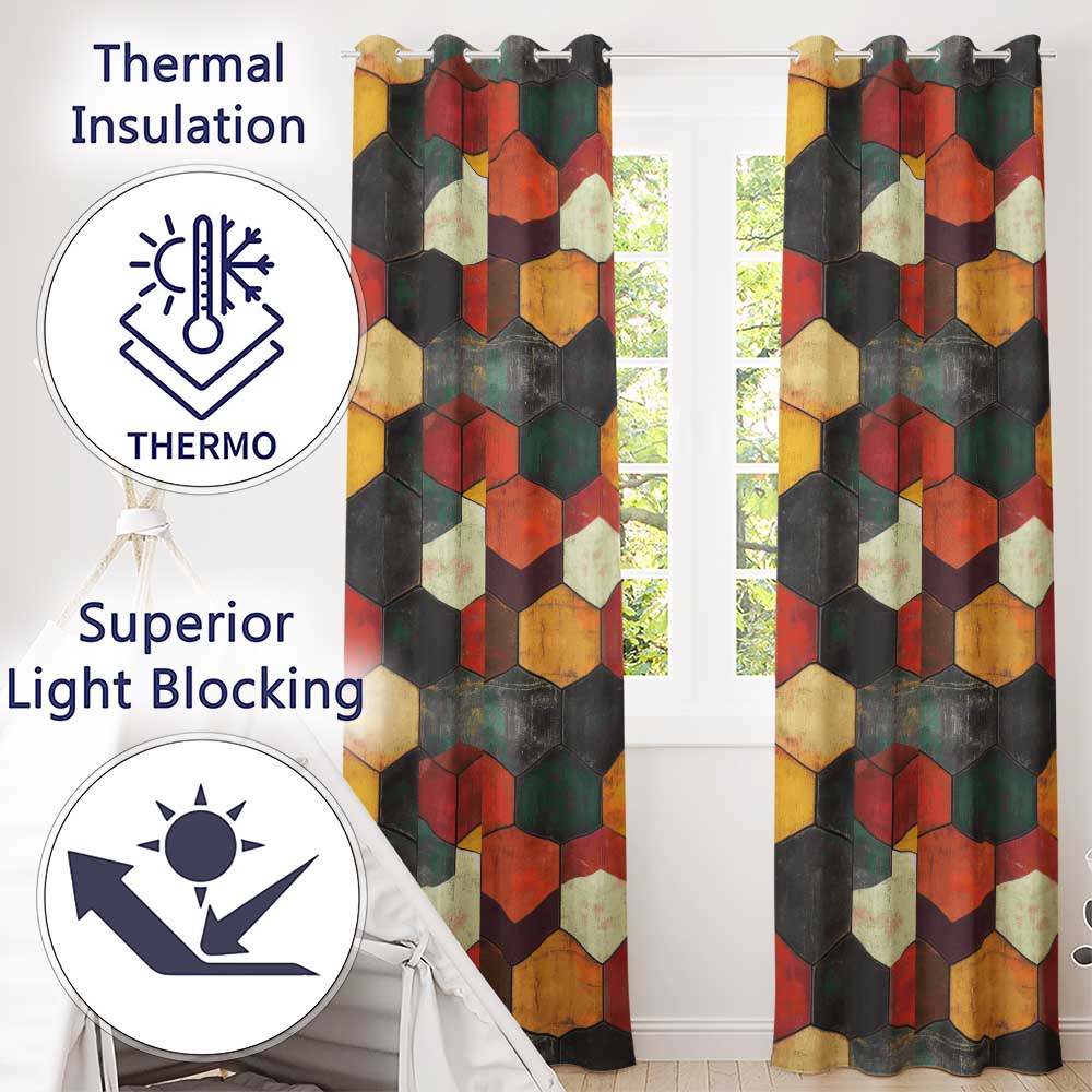 Rustic Hexagon Geometric Texture Pattern Seamless Pattern Readymade Eyelet Ring Top Thermal 100% Blackout Curtains