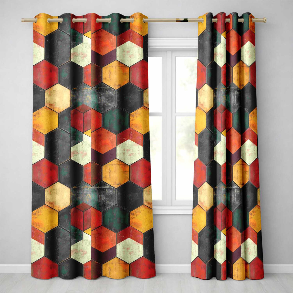 Rustic Hexagon Geometric Texture Pattern Seamless Pattern Readymade Eyelet Ring Top Thermal 100% Blackout Curtains