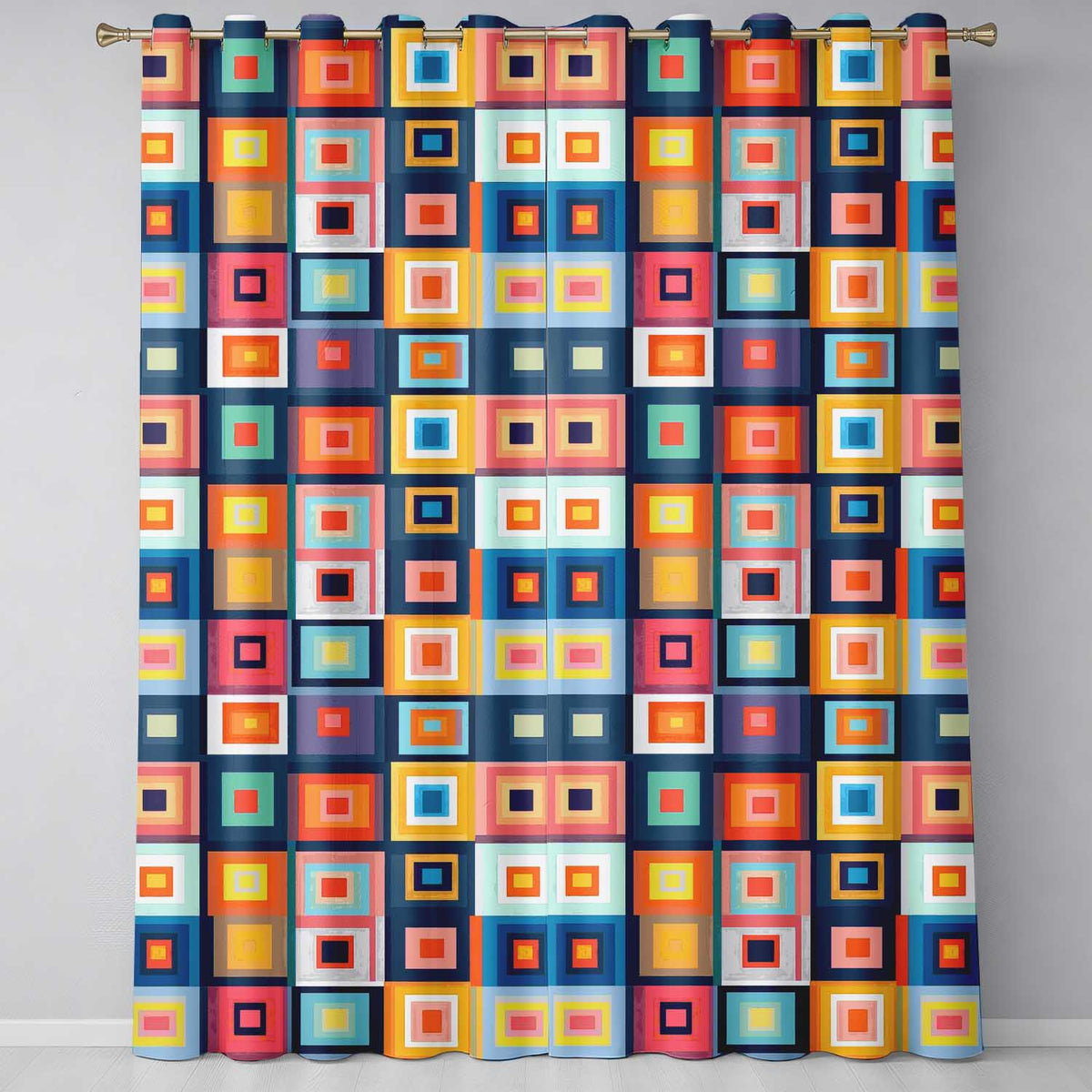 Layered Square Geometric Pattern Seamless Pattern Readymade Eyelet Ring Top Thermal 100% Blackout Curtains