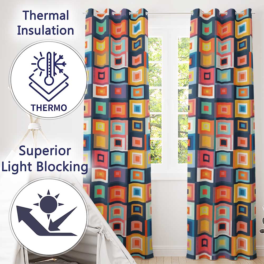 Layered Square Geometric Pattern Seamless Pattern Readymade Eyelet Ring Top Thermal 100% Blackout Curtains