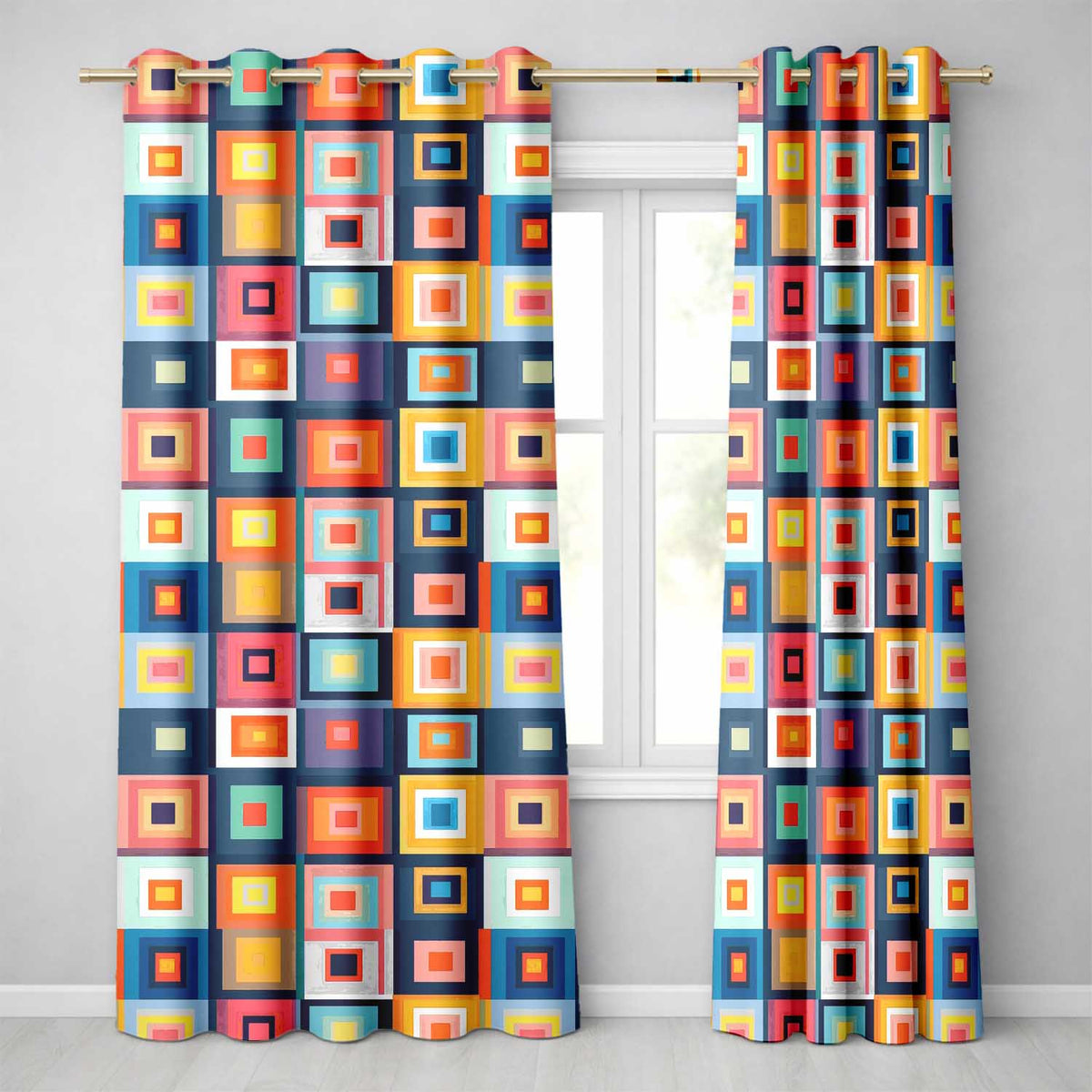 Layered Square Geometric Pattern Seamless Pattern Readymade Eyelet Ring Top Thermal 100% Blackout Curtains