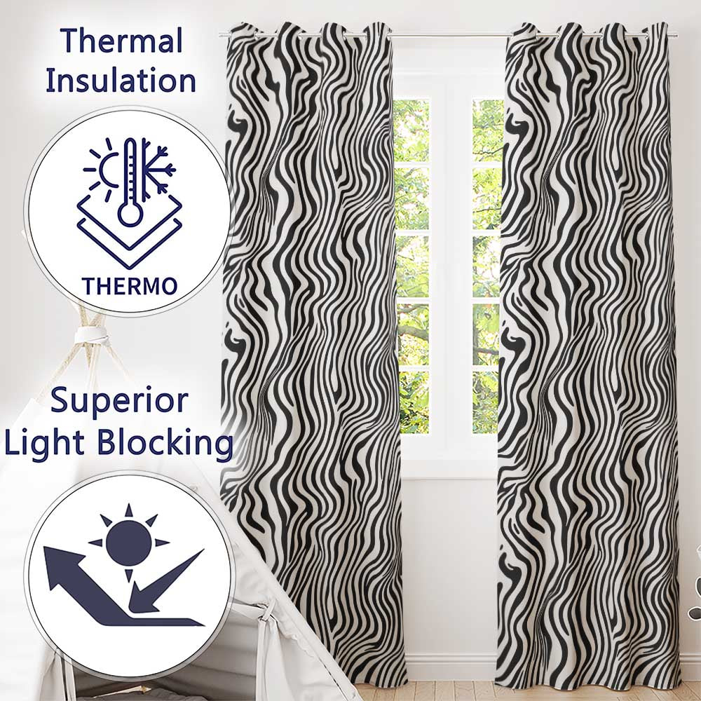 Minimal Black White Wavy Line Pattern Seamless Pattern Readymade Eyelet Ring Top Thermal 100% Blackout Curtains