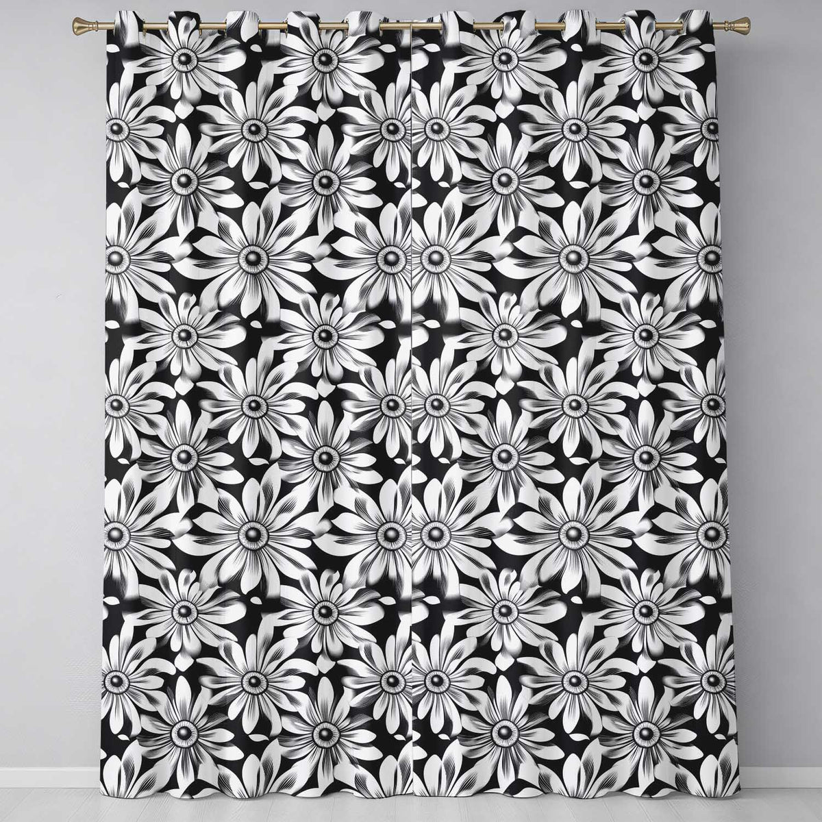 Black White Bold Floral Graphic Seamless Pattern Readymade Eyelet Ring Top Thermal 100% Blackout Curtains
