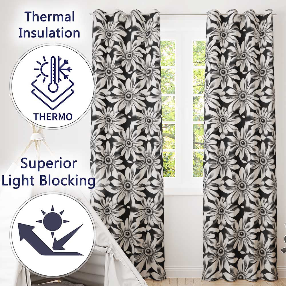 Black White Bold Floral Graphic Seamless Pattern Readymade Eyelet Ring Top Thermal 100% Blackout Curtains