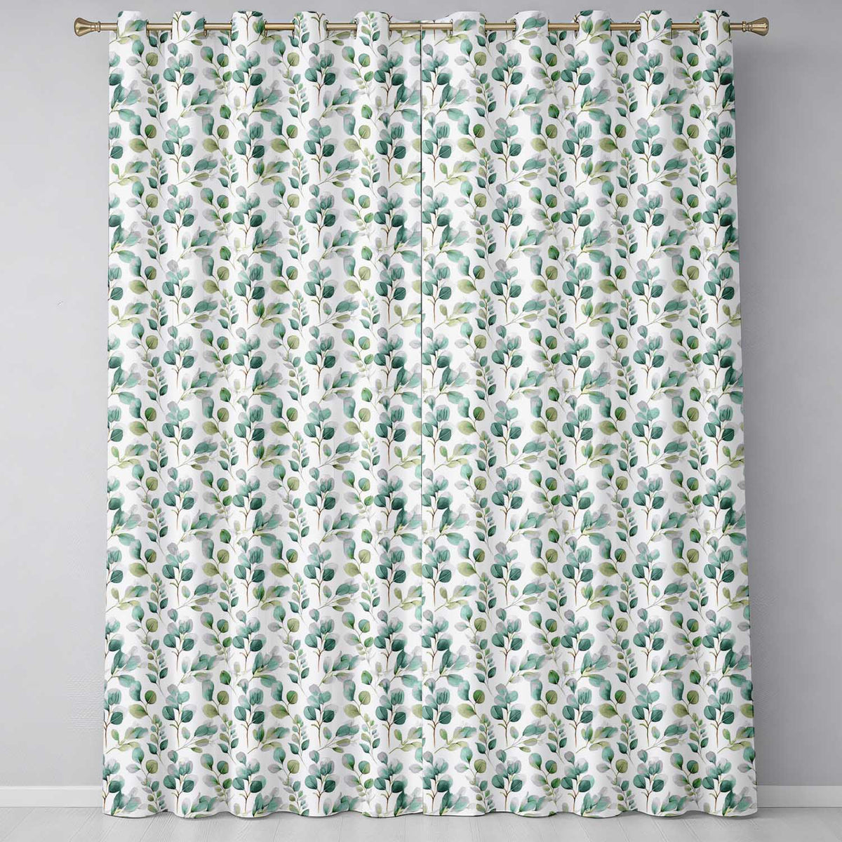Soft Green Eucalyptus Leaves Watercolor Botanical Seamless Pattern Readymade Eyelet Ring Top Thermal 100% Blackout Curtains